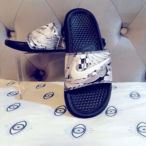 Ladies Nike slides/Sandal Black & White Tropical Print with Checkered board